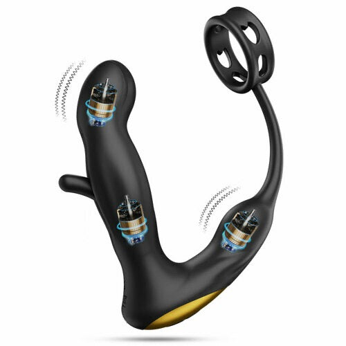 Hollow Flapping Vibrating Silicone Prostate Massager with Cock Ring